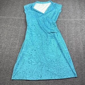 Athleta Dress Womens Small Blue Paisley Wrap Midi Short Sleeve Slimming Stretch